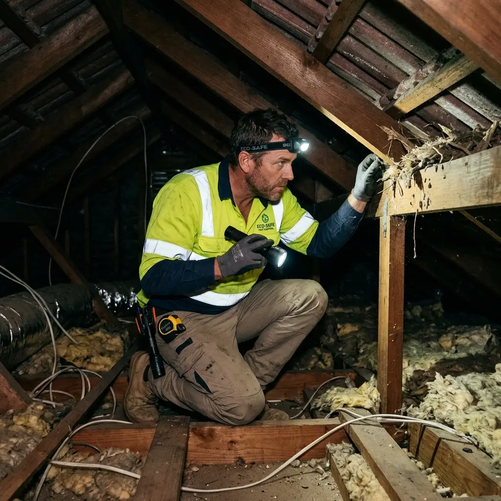 Technician inspecting a roof cavity for a dead animal in Point Lonsdale